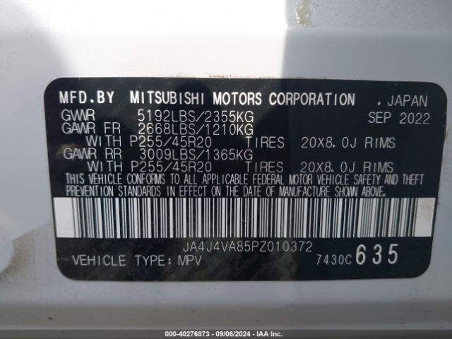 JA4J4VA85PZ010372 Mitsubishi Outlander Sel 2.5 S-awc/sel 40th Anniversary S-awc/sel Black Edition S-awc