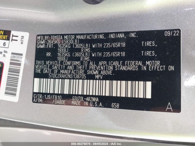 5TDCZRAH2NS138705 Toyota Highlander L