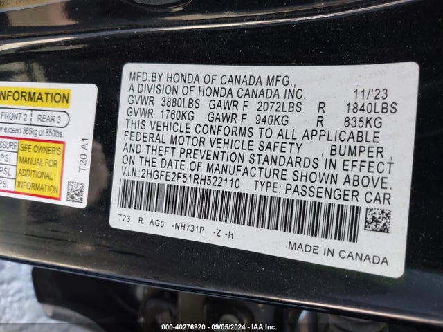Honda Civic Sport 2024 2HGFE2F51RH522110 Image 9