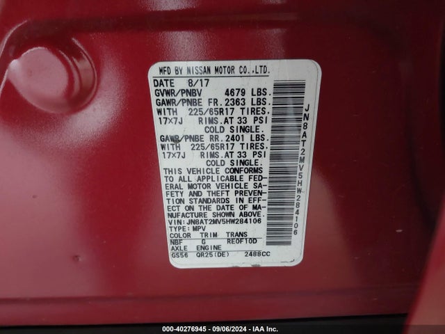Nissan ROGUE SV 2017 JN8AT2MV5HW284106 Image 9