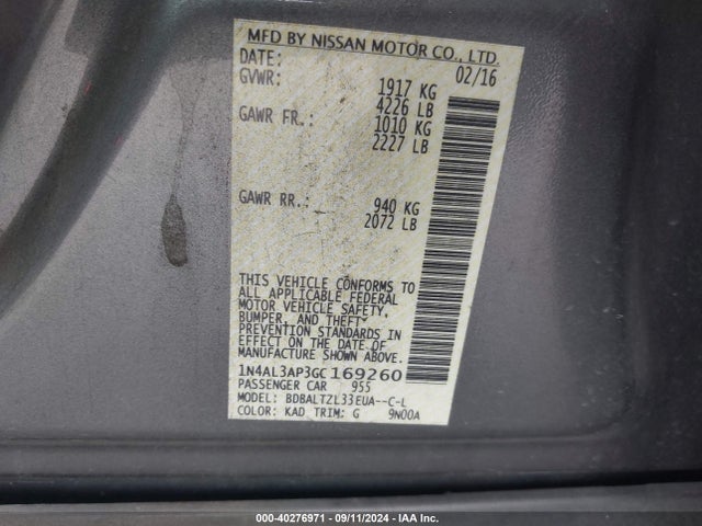 Nissan Altima 2.5 Sl 2016 1N4AL3AP3GC169260 Image 9