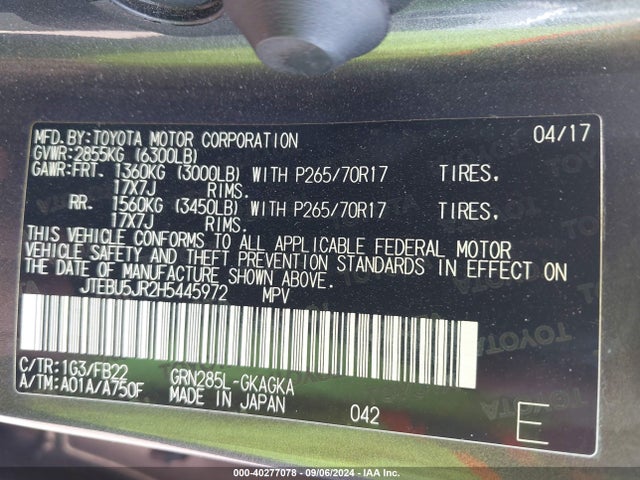 Toyota 4RUNNER SR5 2017 JTEBU5JR2H5445972 Image 9