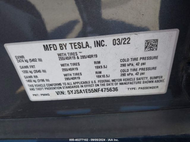5YJSA1E55NF475636 Tesla Model S Dual Motor All-wheel Drive