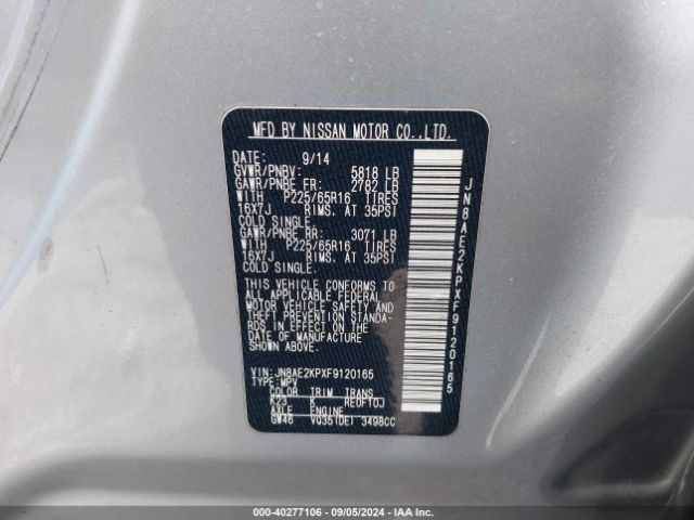 JN8AE2KPXF9120165 Nissan Quest Platinum/s/sl/sv