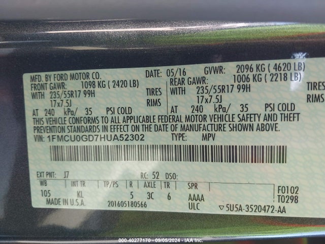 Ford ESCAPE SE 2017 1FMCU0GD7HUA52302 Image 9