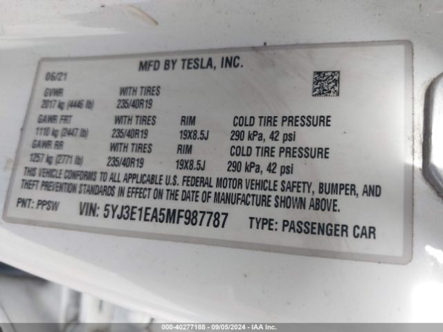 5YJ3E1EA5MF987787 Tesla Model 3 Standard Range Plus Rear-wheel Drive