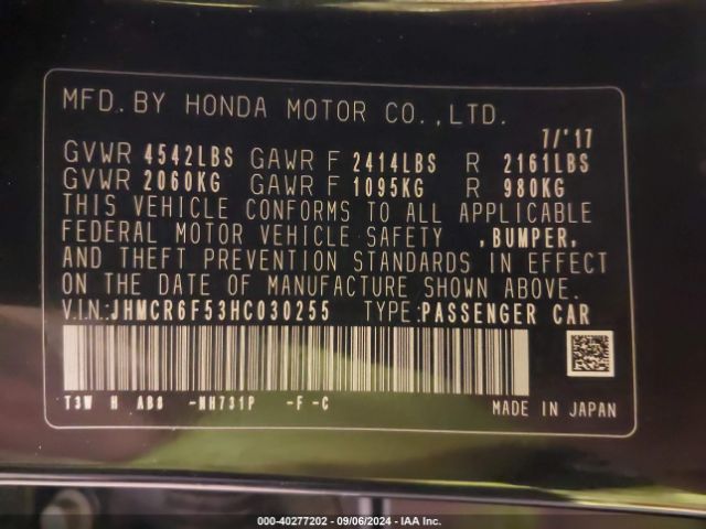 JHMCR6F53HC030255 Honda Accord Hybrid Ex-l