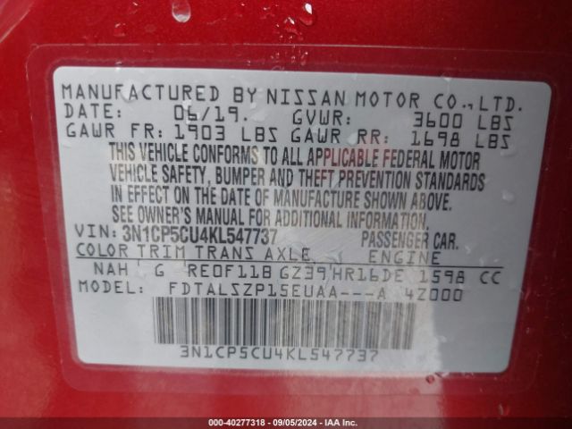 3N1CP5CU4KL547737 Nissan KICKS SV