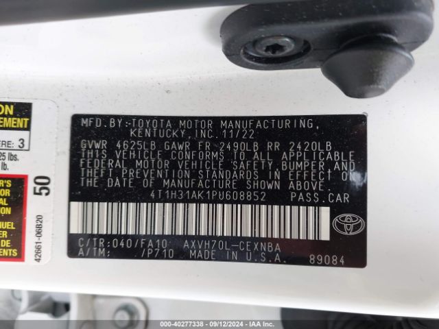 4T1H31AK1PU608852 Toyota Camry Le Hybrid
