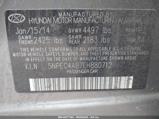 Hyundai Sonata Limited 2.0t 2014 5NPEC4AB7EH880712 Image 9