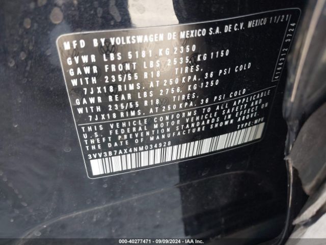 3VV3B7AX4NM034928 Volkswagen Tiguan 2.0t Se
