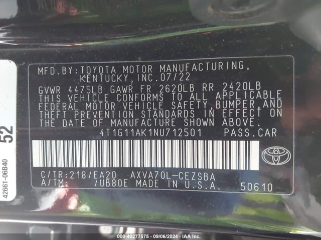 Toyota CAMRY SE 2022 4T1G11AK1NU712501 Image 9