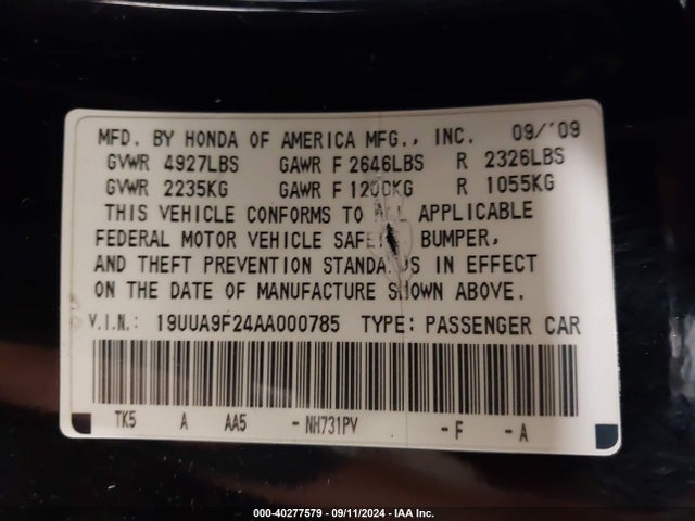 2010 Acura Tl 3.7 მანქანა იყიდება აუქციონზე, vin: 19UUA9F24AA000785, აუქციონის ნომერი: 40277579