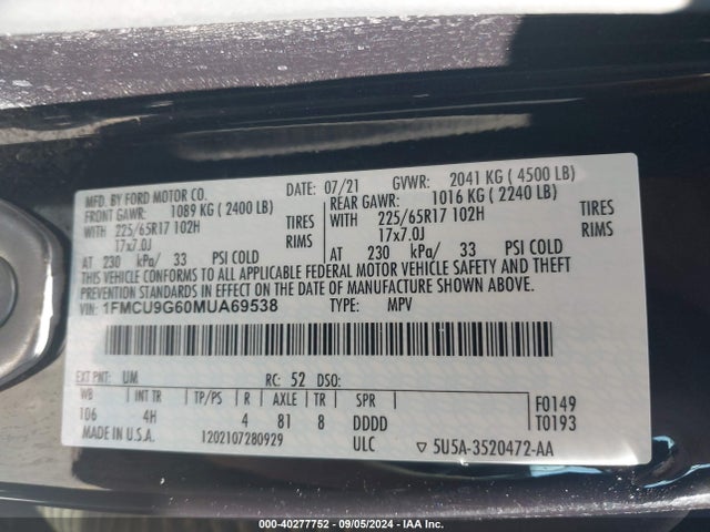 Ford ESCAPE SE 2021 1FMCU9G60MUA69538 Image 9