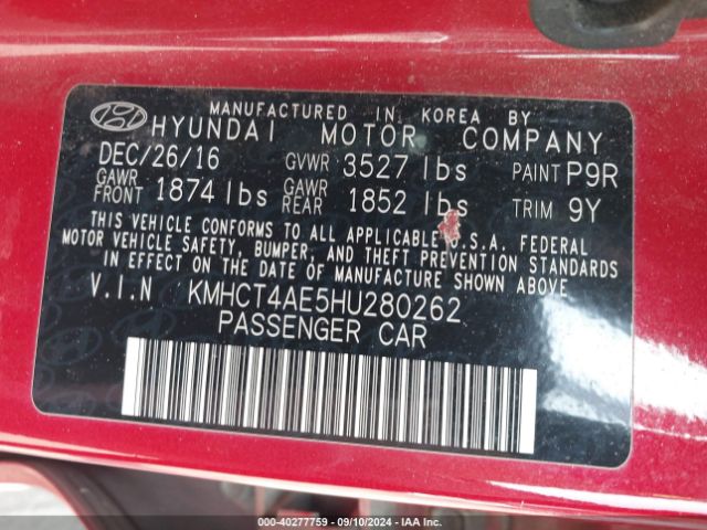 KMHCT4AE5HU280262 Hyundai ACCENT SE