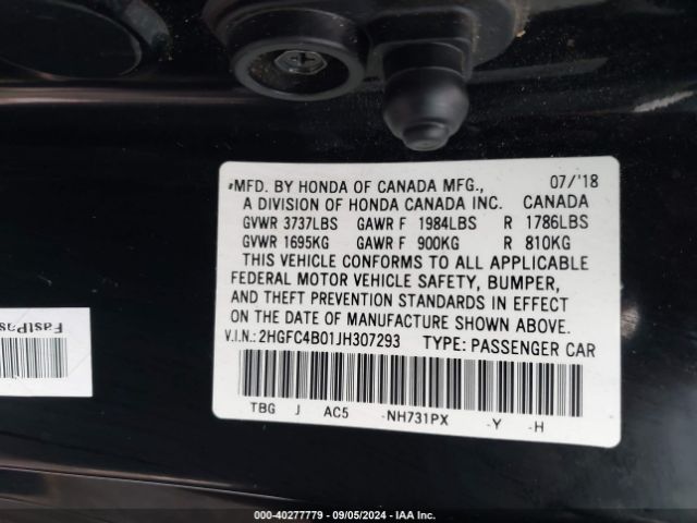 2HGFC4B01JH307293 Honda Civic Lx-p