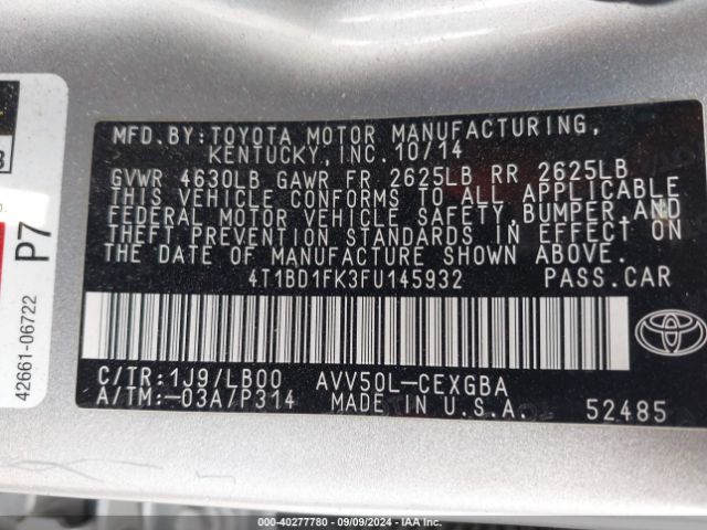 4T1BD1FK3FU145932 Toyota Camry Hybrid Xle