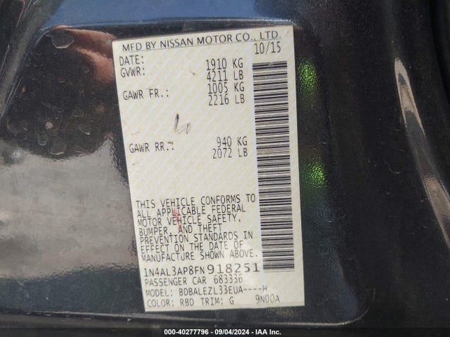 Nissan Altima 2.5 S 2015 1N4AL3AP8FN918251 Image 9