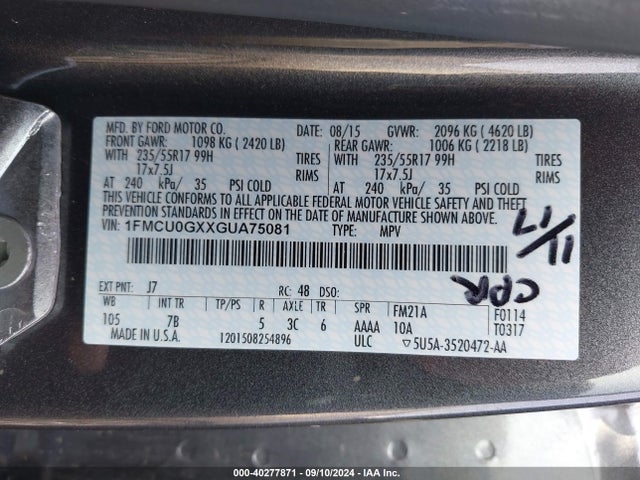 Ford ESCAPE SE 2016 1FMCU0GXXGUA75081 Image 9
