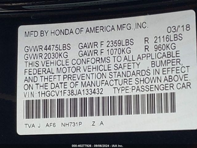 1HGCV1F38JA133432 Honda Accord Sport