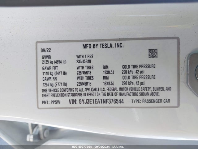 2022 TESLA MODEL 3 5YJ3E1EA1NF376544 Photo 8