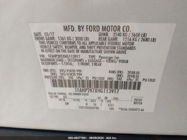 1FAHP2KTXHG113917 Ford TAURUS SHO