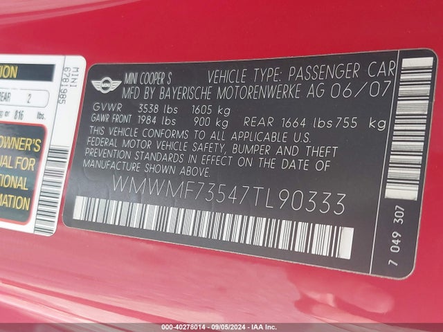 2007 MINI COOPER S WMWMF73547TL90333 Photo 8