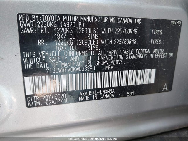 2T3EWRFV0KW033283 Toyota Rav4 Hybrid Xse