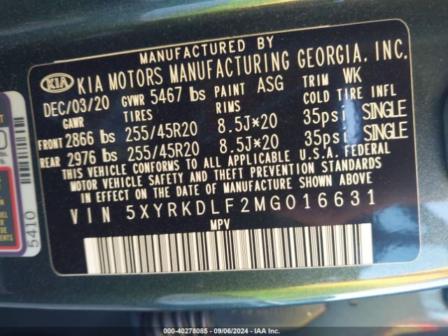 5XYRKDLF2MG016631 KIA Sorento Sx Prestige
