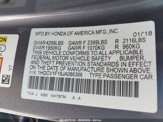 Honda ACCORD LX 2018 1HGCV1F16JA086366 Image 9
