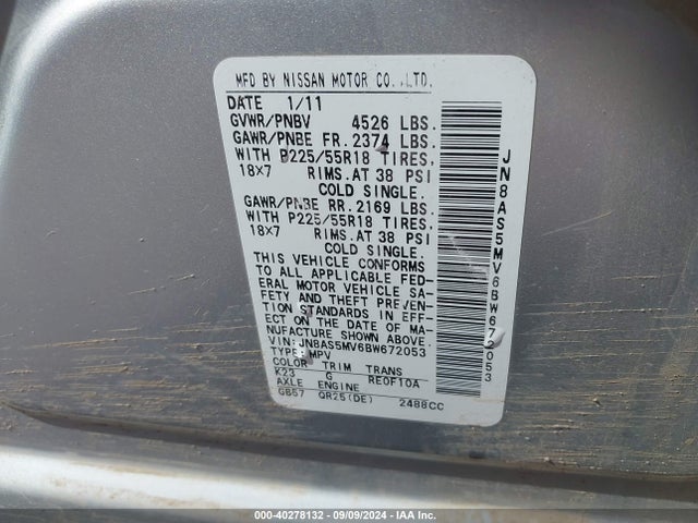 Aukcja sprzedaży 2011 Nissan Rogue Sv, vin: JN8AS5MV6BW672053, numer aukcji: 40278132