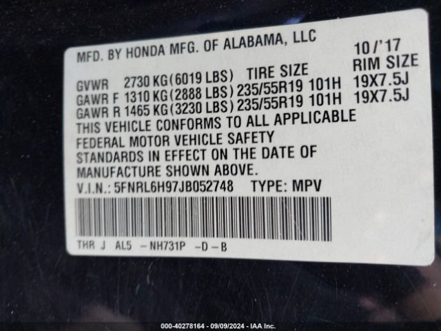 5FNRL6H97JB052748 Honda Odyssey Elite