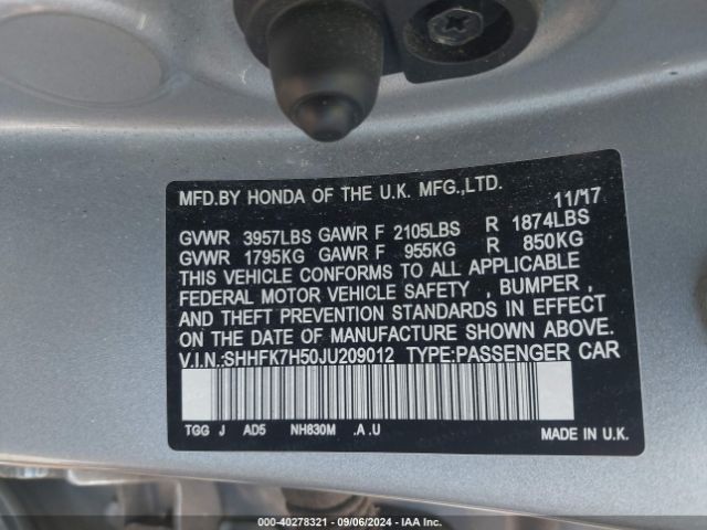 SHHFK7H50JU209012 Honda CIVIC EX