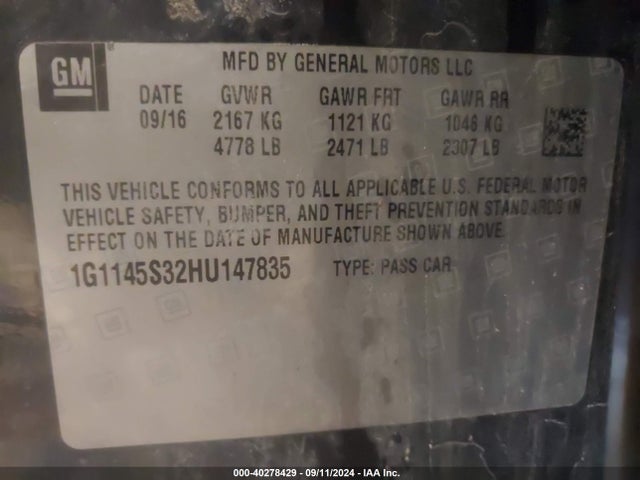 Chevrolet IMPALA 2LZ 2017 1G1145S32HU147835 Image 9