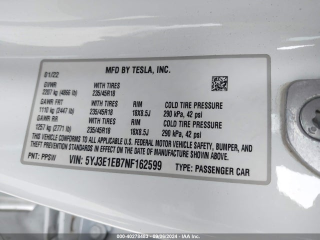2022 TESLA MODEL 3 5YJ3E1EB7NF162599 Photo 8