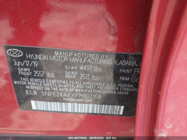5NPE24AFXKH807108 Hyundai SONATA SE