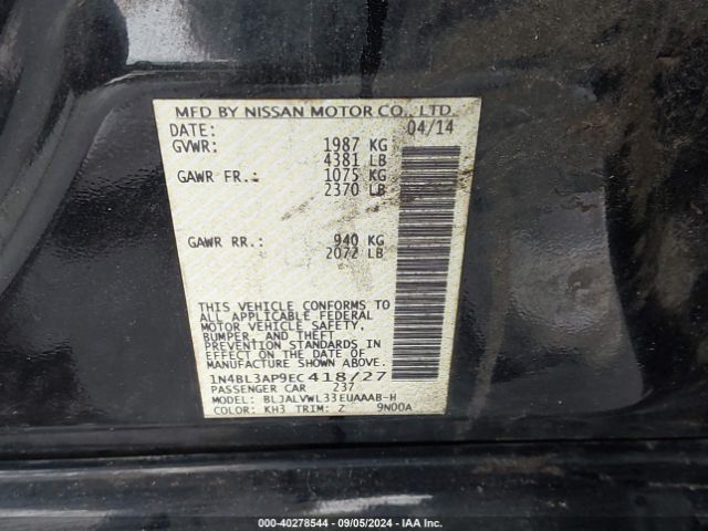 1N4BL3AP9EC418727 Nissan Altima 3.5 Sl