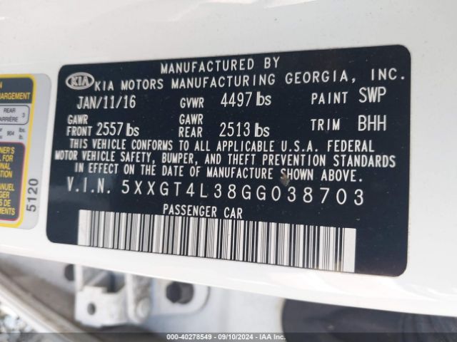 5XXGT4L38GG038703 KIA Optima Lx
