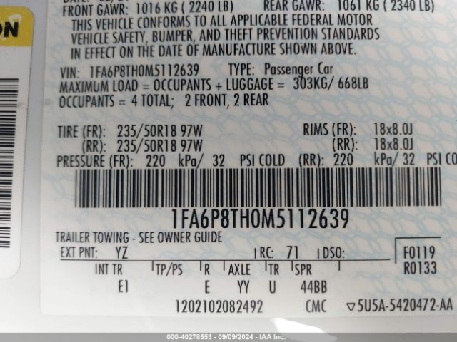 1FA6P8TH0M5112639 Ford Mustang Ecoboost Premium Fastback