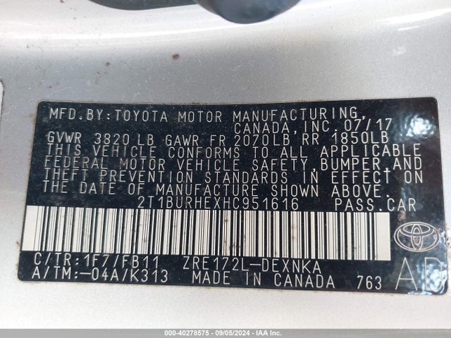Toyota COROLLA LE 2017 2T1BURHEXHC951616 Image 9