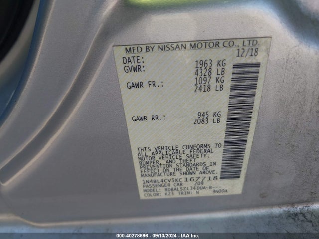Nissan Altima 2.5 Sr 2019 1N4BL4CV5KC167718 Image 9