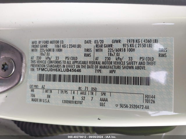 Ford ESCAPE SEL 2020 1FMCU0H6XLUB45646 Image 9