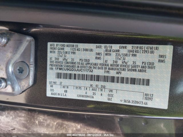 1FMCU9GD3JUC11732 Ford ESCAPE SE