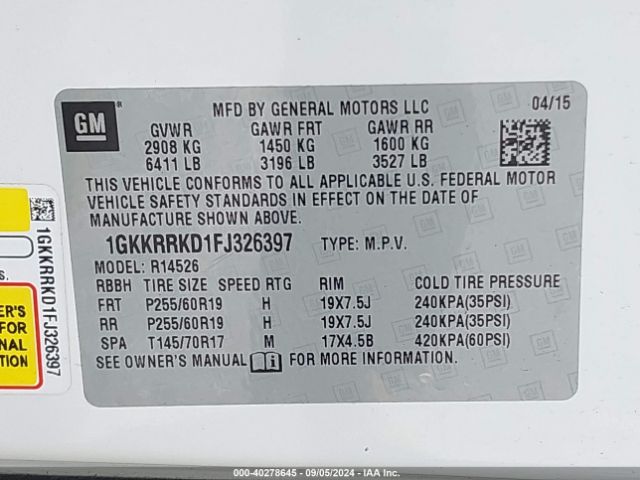 1GKKRRKD1FJ326397 GMC Acadia Slt-1