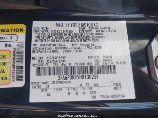 2017 FORD FUSION 3FA6P0K95HR130259 Photo 8