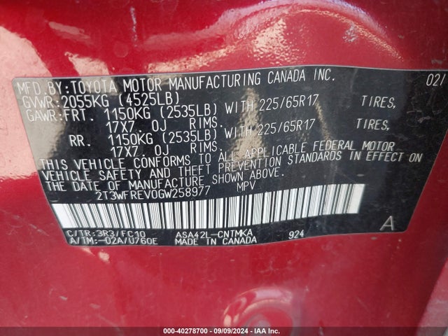 Toyota Rav4 Xle 2016 2T3WFREV0GW258977 Image 9