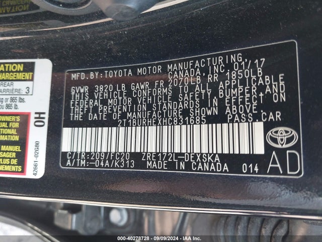 Toyota COROLLA SE 2017 2T1BURHEXHC831685 Image 9