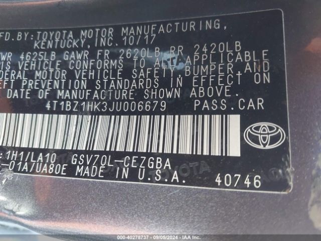 4T1BZ1HK3JU006679 Toyota Camry Xle V6