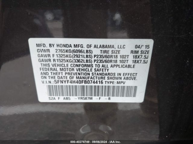 5FNYF4H40FB074416 Honda Pilot Ex