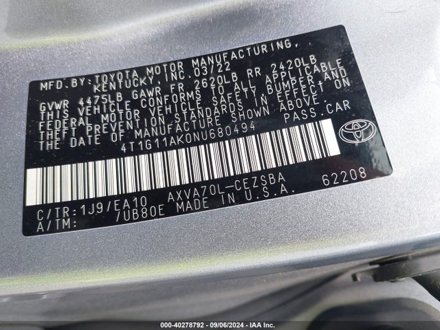 Toyota CAMRY SE 2022 4T1G11AK0NU680494 Image 9